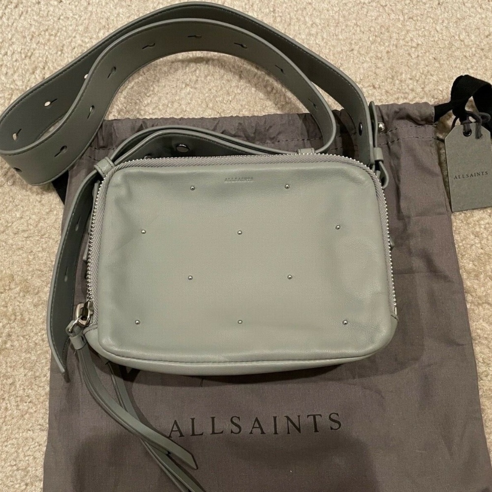 NWT ALLSAINTS Kathi Leather Studded Belt Crossbody Bag Purse Handbag Blue Grey